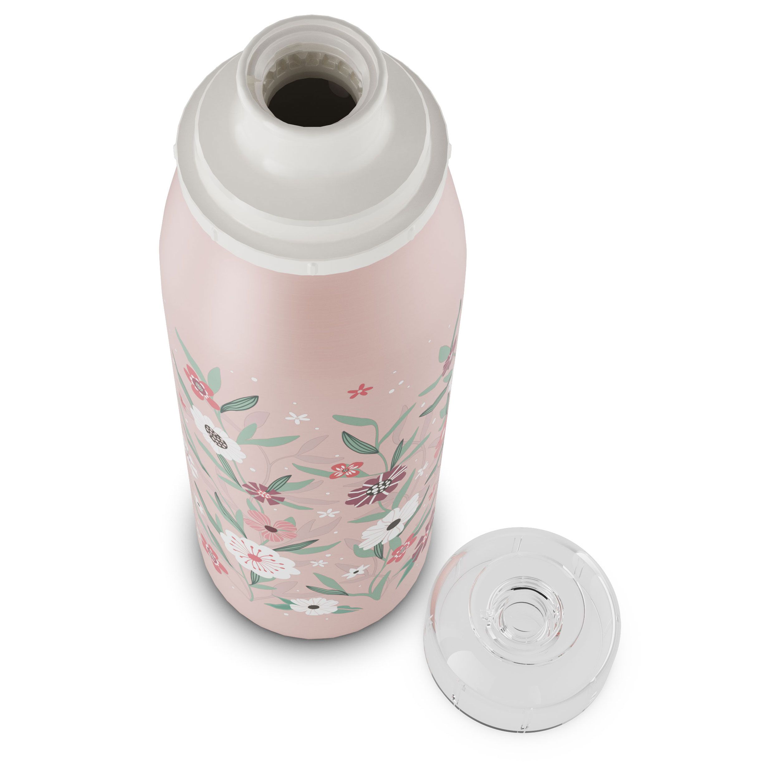 Oberseite einer rosa Isolierflasche mit Blumenmuster, innen silber.
