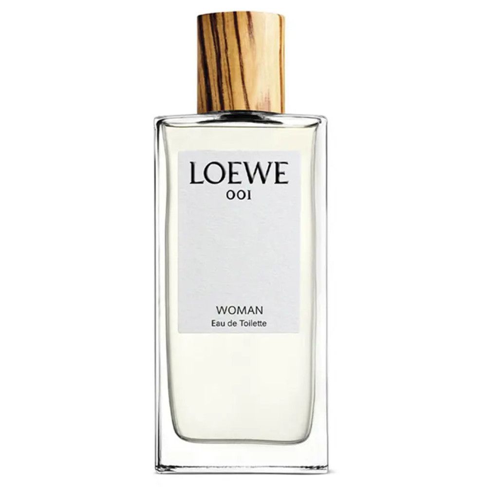 Rechteckiger Parfümflakon mit Holzdeckel. Auf dem Etikett steht 'LOEWE 001 WOMAN Eau de Toilette'.