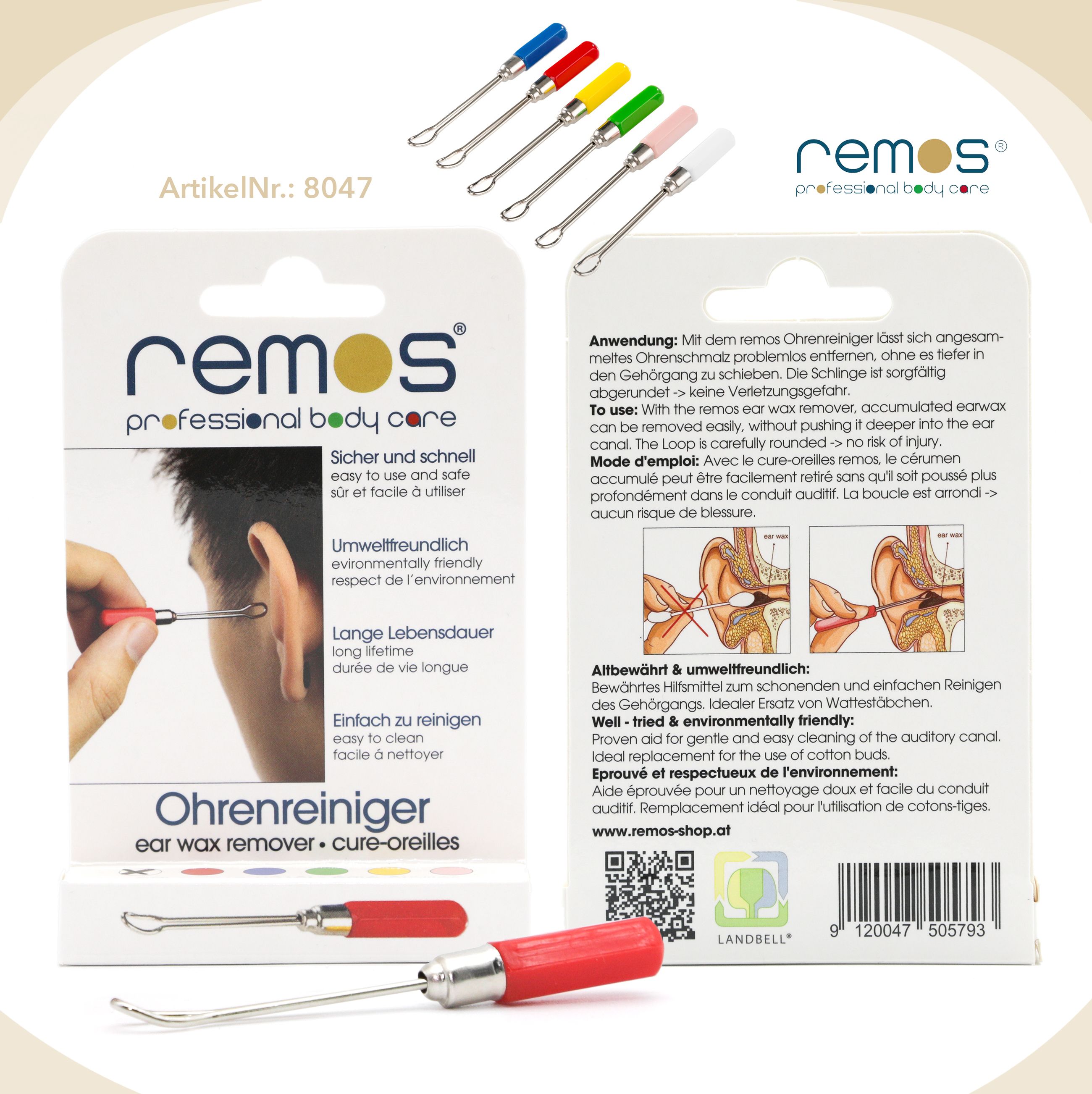 Verpackung und REMOS Ohrreiniger mit rotem Griff, 6.5 cm.
