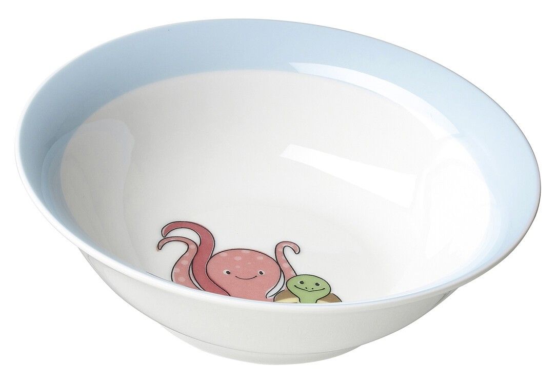 Schüssel des Kindergeschirrsets Unterwasserwelt. Weiß mit blauem Rand. Innen: Tintenfisch und Schildkröte.