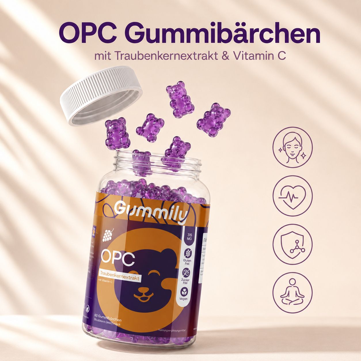 Gummily OPC Gummibärchen mit Traubenkernextrakt & Vitamin C fliegen aus einem Behälter.