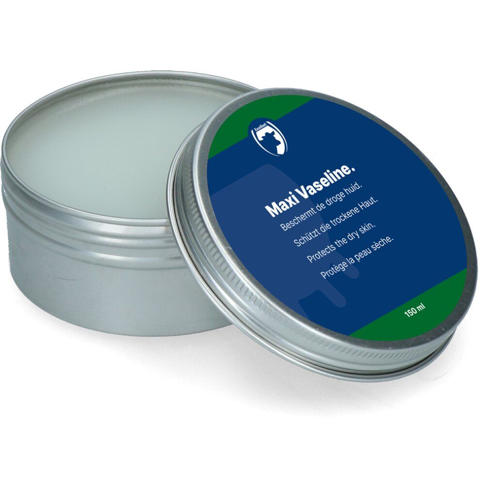 Geöffnete runde Blechdose mit Maxi Vaseline. Blaue Oberfläche mit Text in mehreren Sprachen. 150 ml.