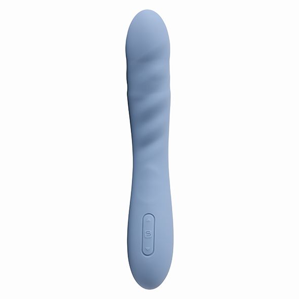 Blauer Vibrator mit geriffelter Oberfläche und Steuerungstasten.