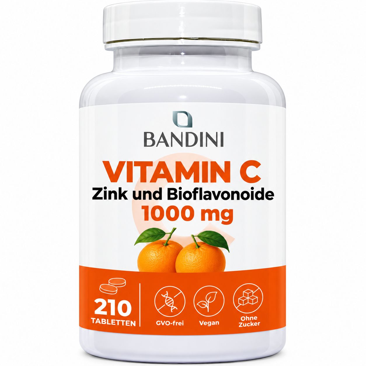 Bandini Vitamin C, Zinc, and Bioflavonoids 1000 mg, 210 tablets. Bottle with oranges and leaves.