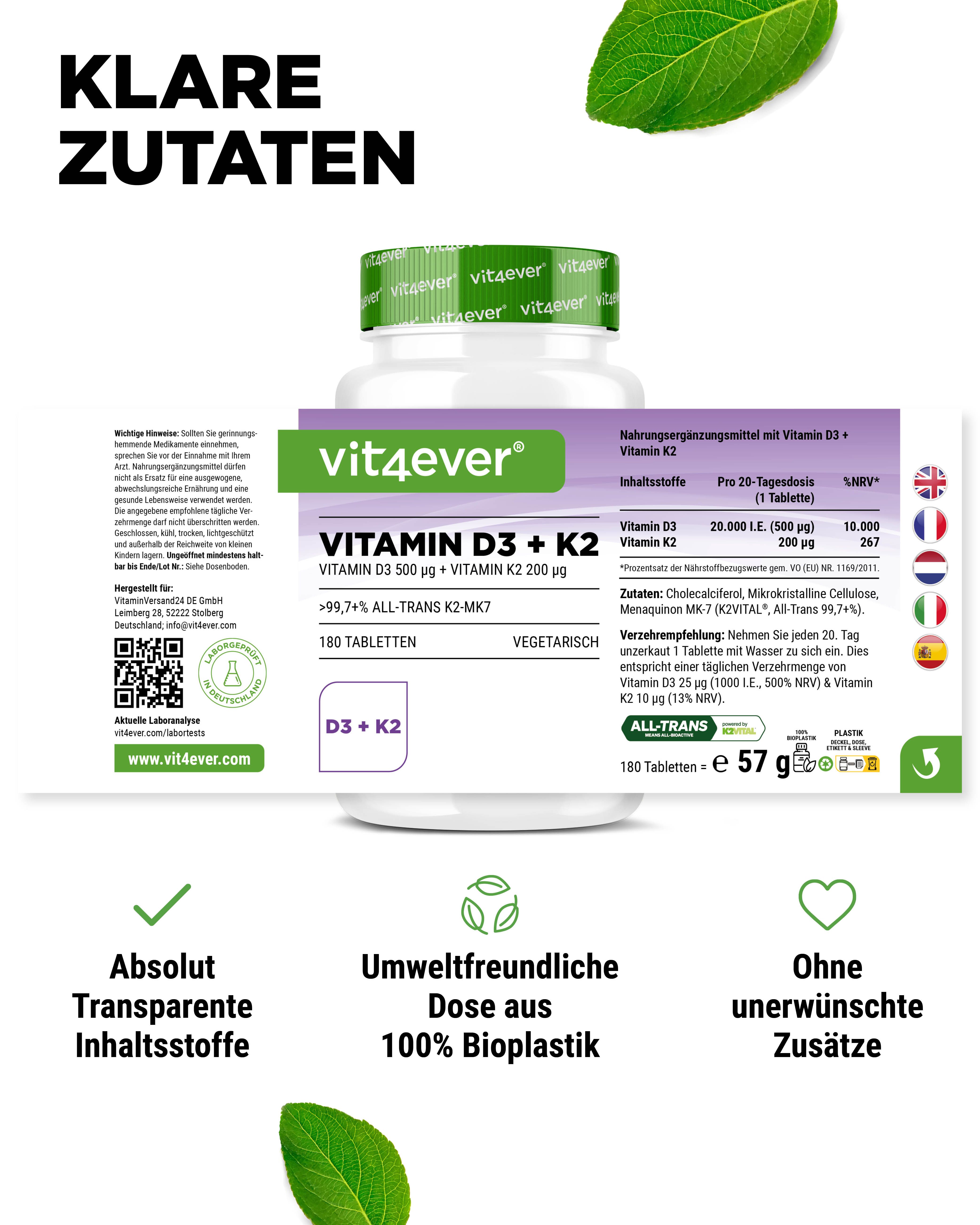 Flasche "vit4ever Vitamin D3 + K2". Rückseite mit Nährwertangaben. 180 Tabletten. Umweltfreundliche Dose.