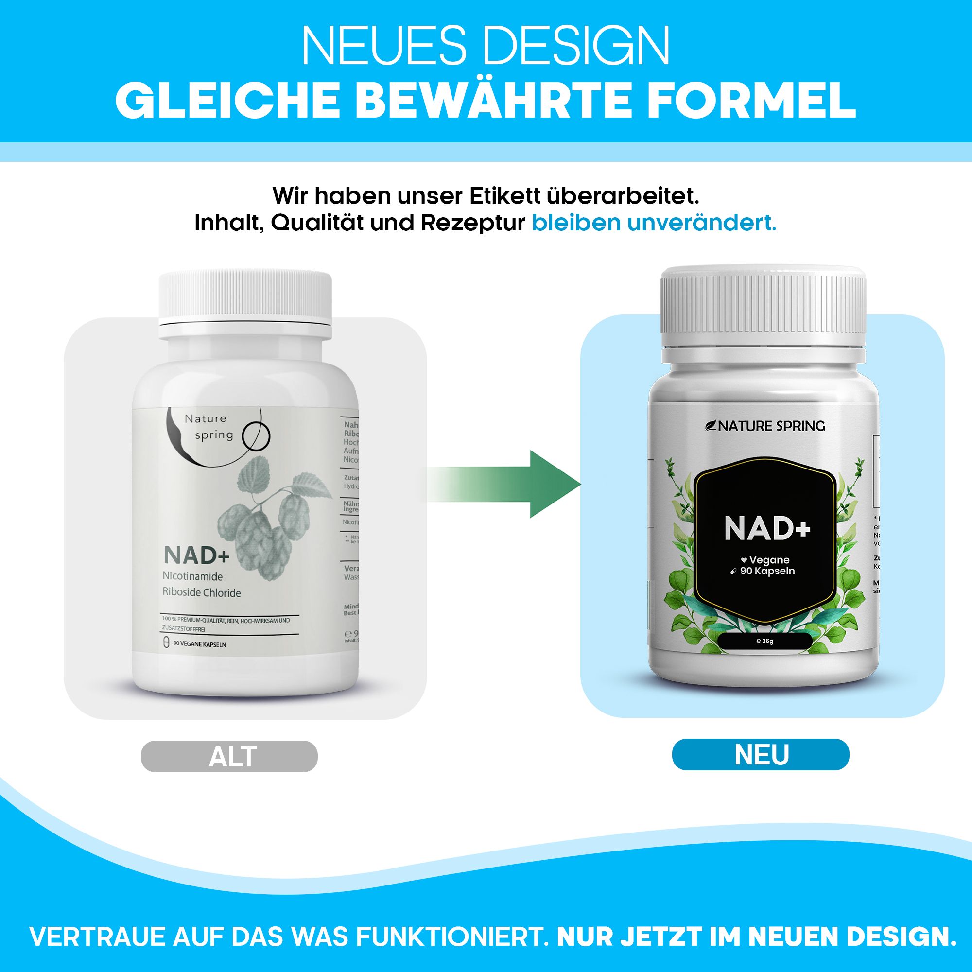 Vergleich der Nature Spring NAD+ Verpackung: Altes und neues Design nebeneinander, beide mit NAD+ Kapseln.