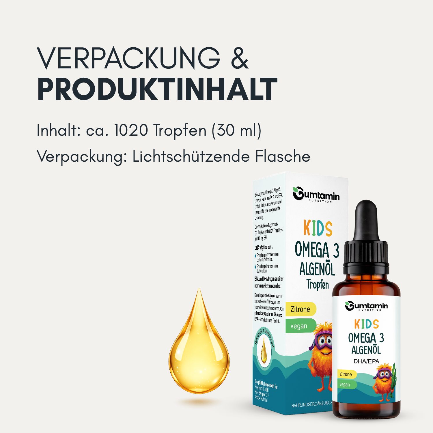 Produktflasche und Karton. Text: Verpackung & Produktinhalt. Inhalt: ca. 1020 Tropfen (30 ml). Verpackung: Lichtschützende Flasche.