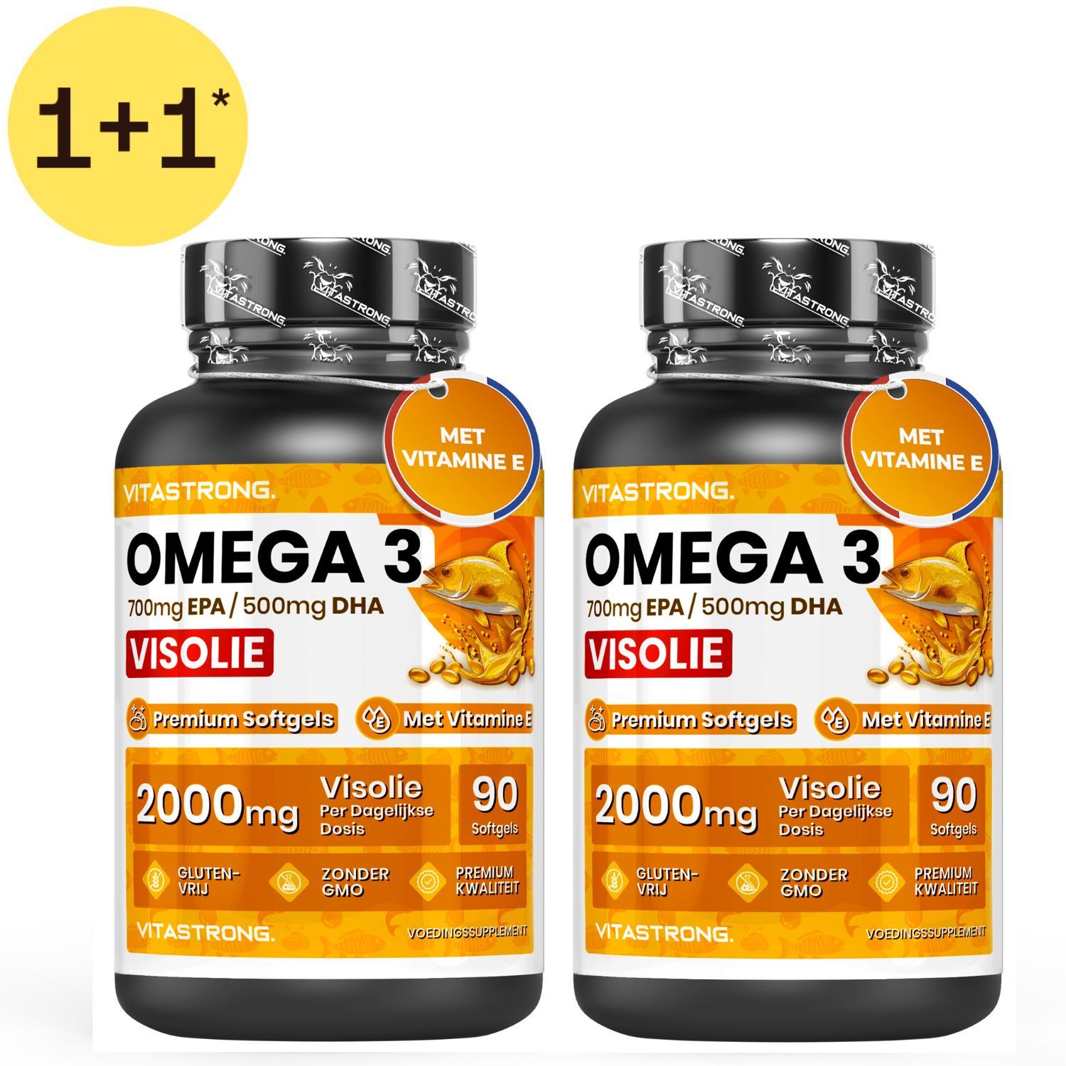 Zwei Flaschen Vitastrong Omega 3 Visolie Premium Softgels mit Vitamin E, 700mg EPA/500mg DHA.