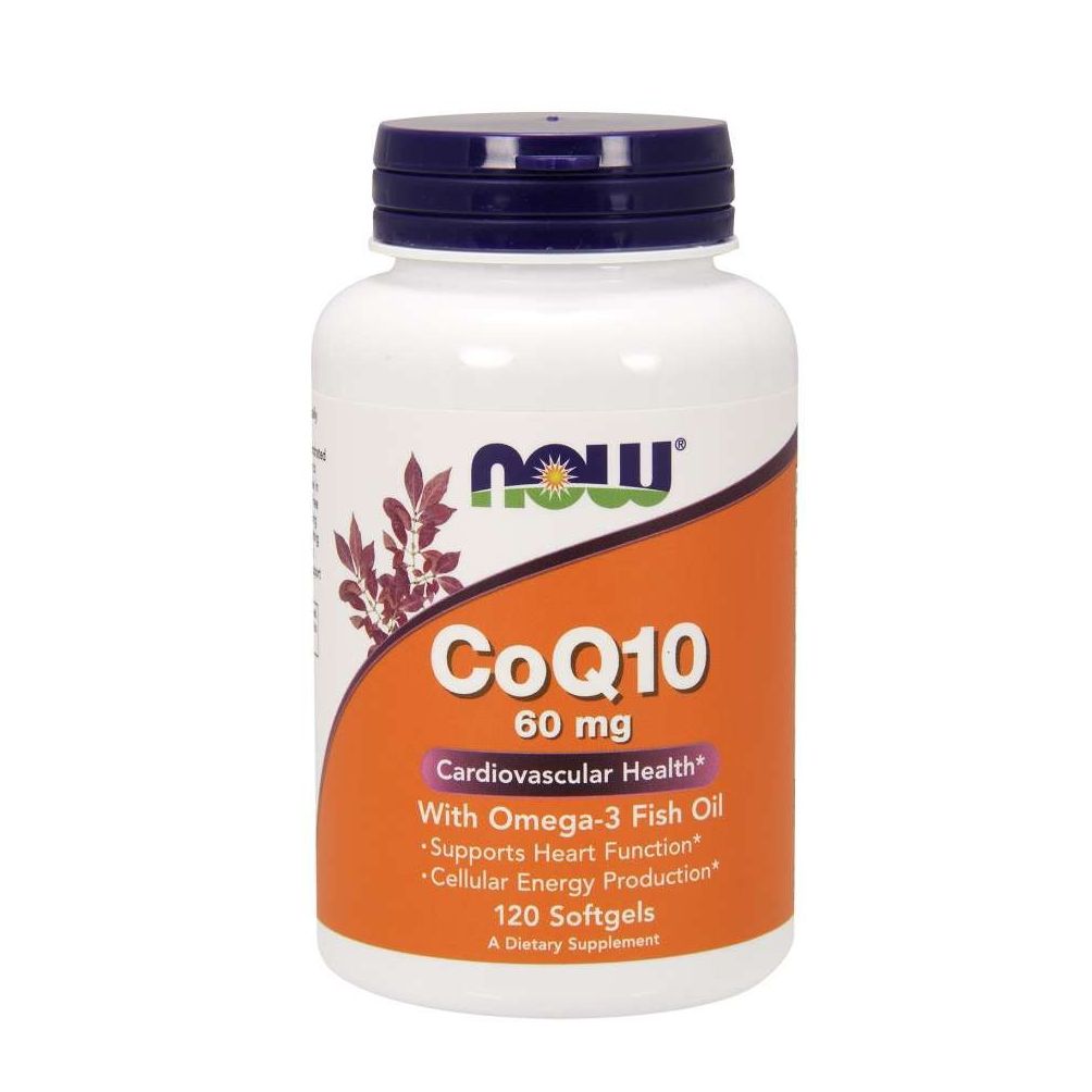 Weiße Flasche mit blauem Deckel. Aufschrift: NOW, CoQ10 60 mg, mit Omega-3 Fischöl, 120 Softgels. Nahrungsergänzungsmittel.