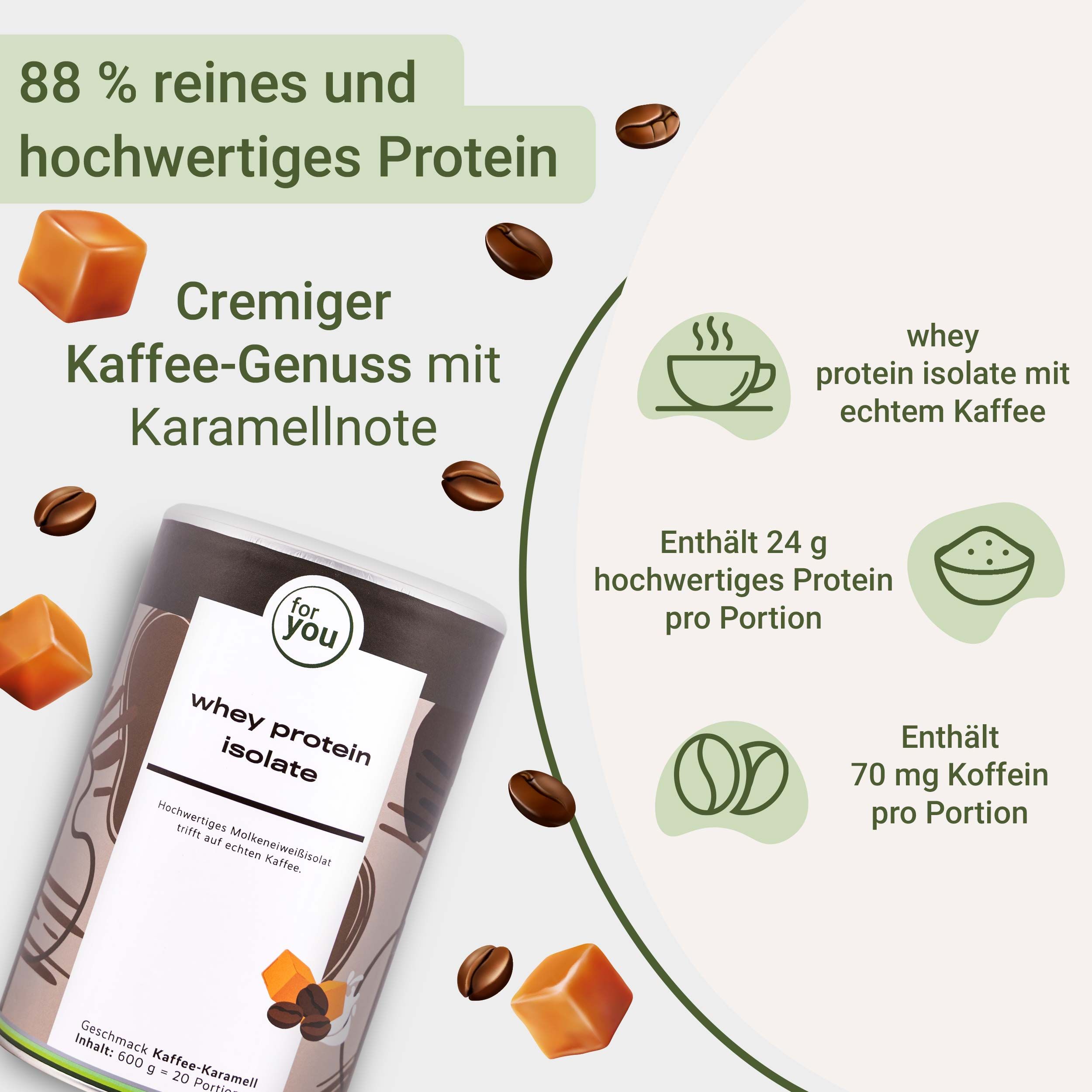 Dose "for you" Whey Protein Isolate Kaffee-Karamell. 88% Protein, 24g Protein, 70mg Koffein pro Portion.