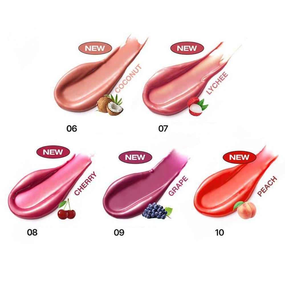 Fünf Lippenstift-Swatches in verschiedenen Farben, mit Früchten und dem Wort 'NEW'.