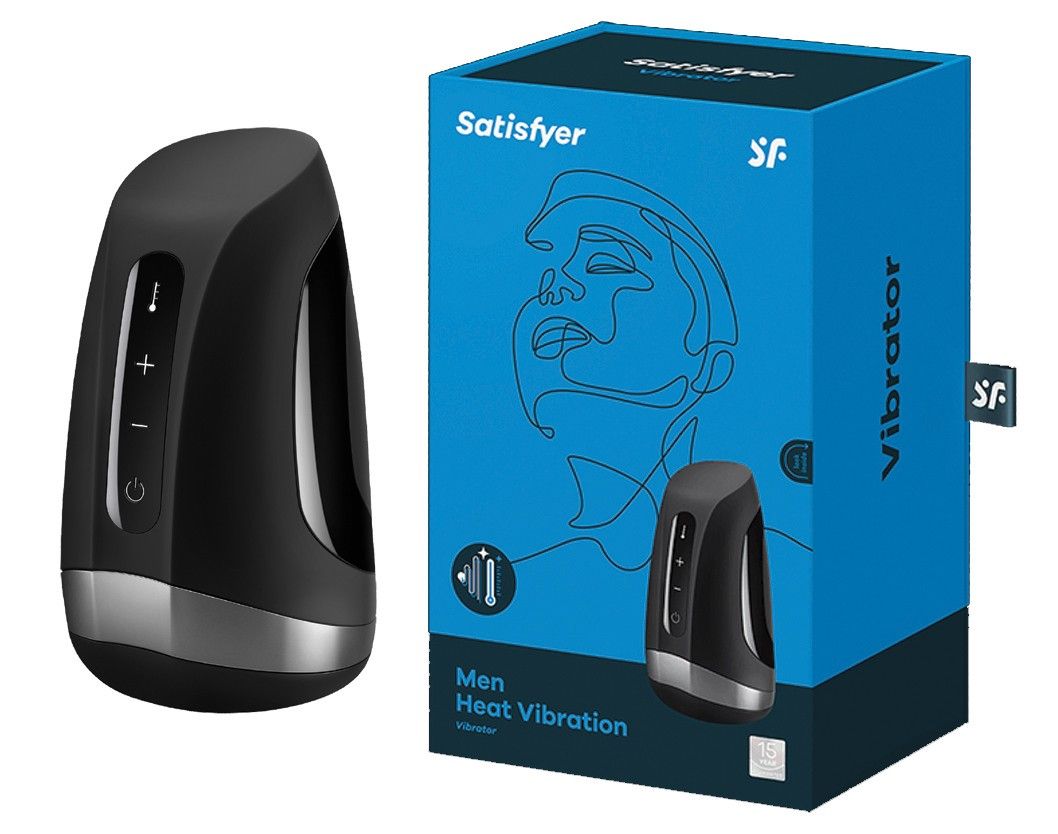 Schwarzes Vibrationsgerät und blaue Verpackung. Verpackung mit Produktabbildung und Schriftzug "Satisfyer".