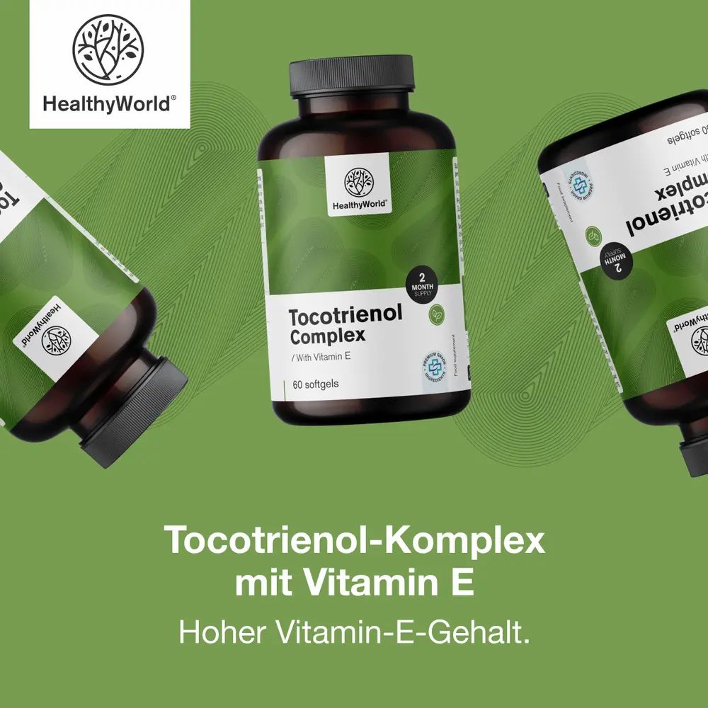 HealthyWorld Tocotrienol Komplex mit Vitamin E, 60 Weichkapseln, hoher Vitamin-E-Gehalt.