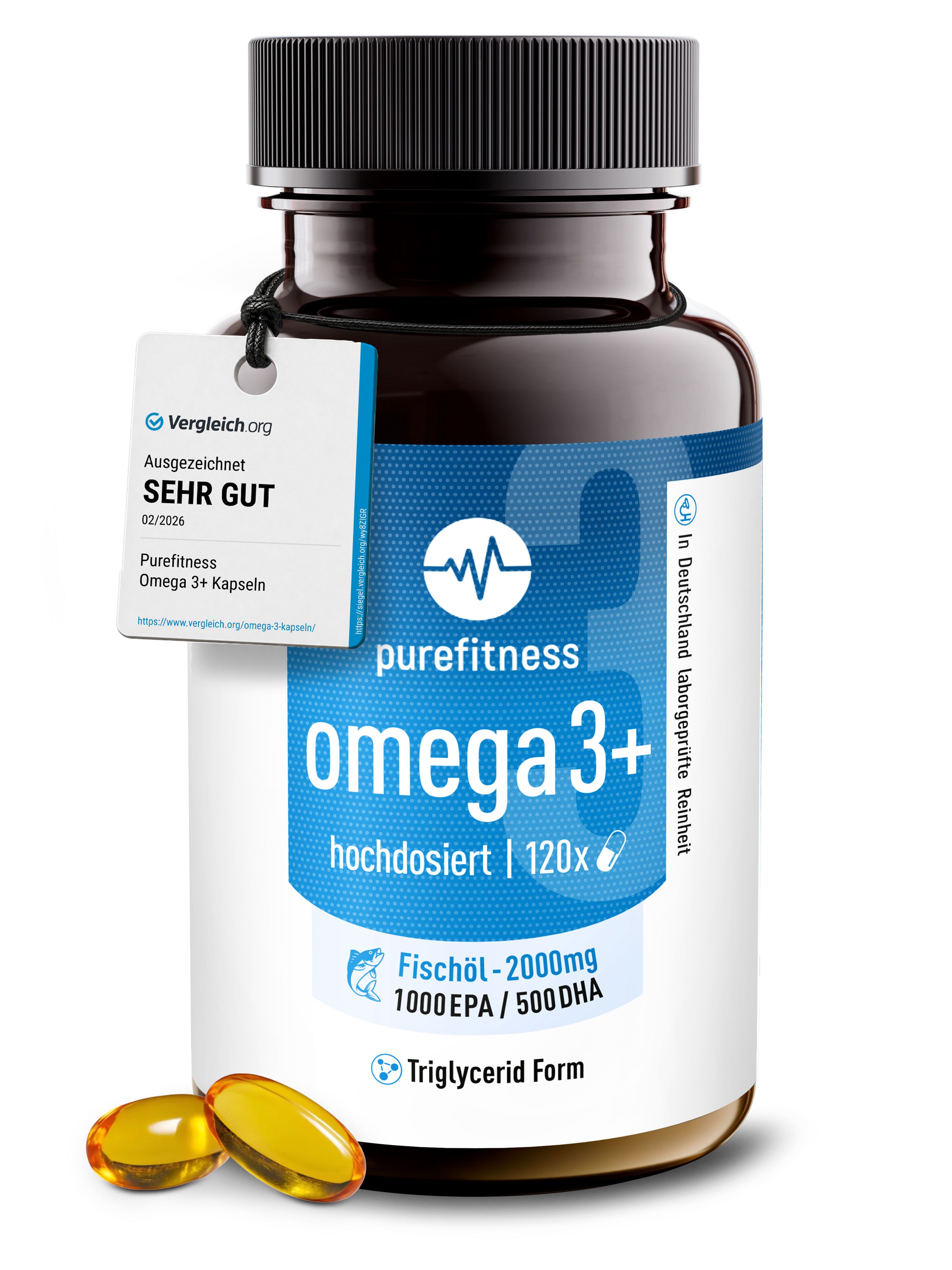 Purefitness Omega-3 Kapseln Flasche mit Siegel "Vergleich.org SEHR GUT".
