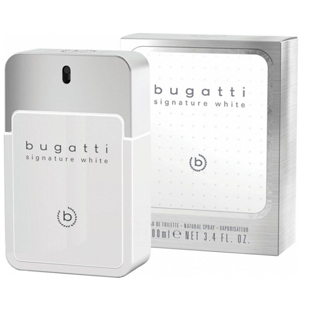 Weißes Eau de Toilette mit silberner Kappe und Verpackung. Aufschrift: Bugatti Signature White. Logo 'b'.