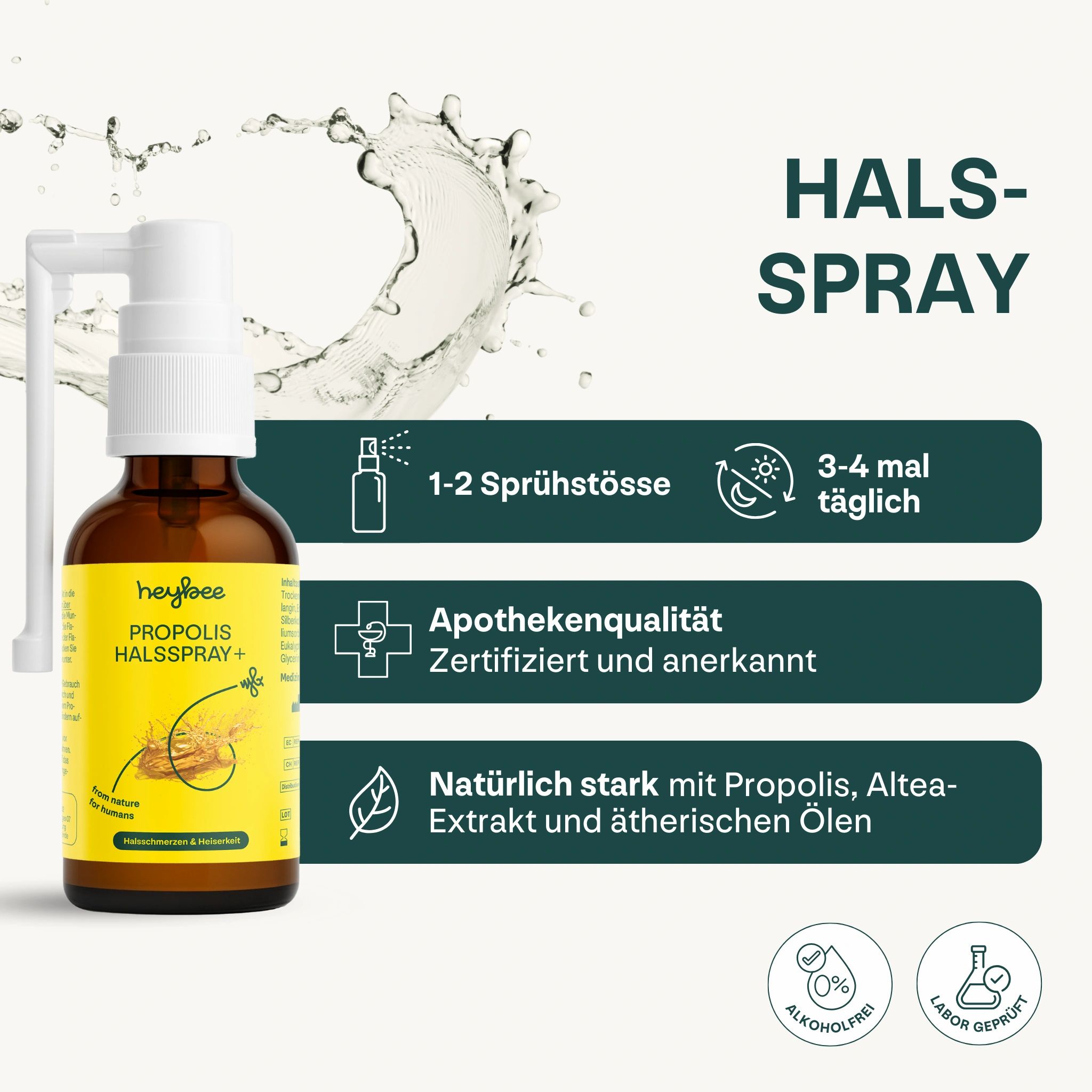 Braune Flasche Heybee Propolis Halsspray+ mit weißem Sprühkopf. Apothekenqualität. 1-2 Sprühstöße, 3-4 mal täglich.