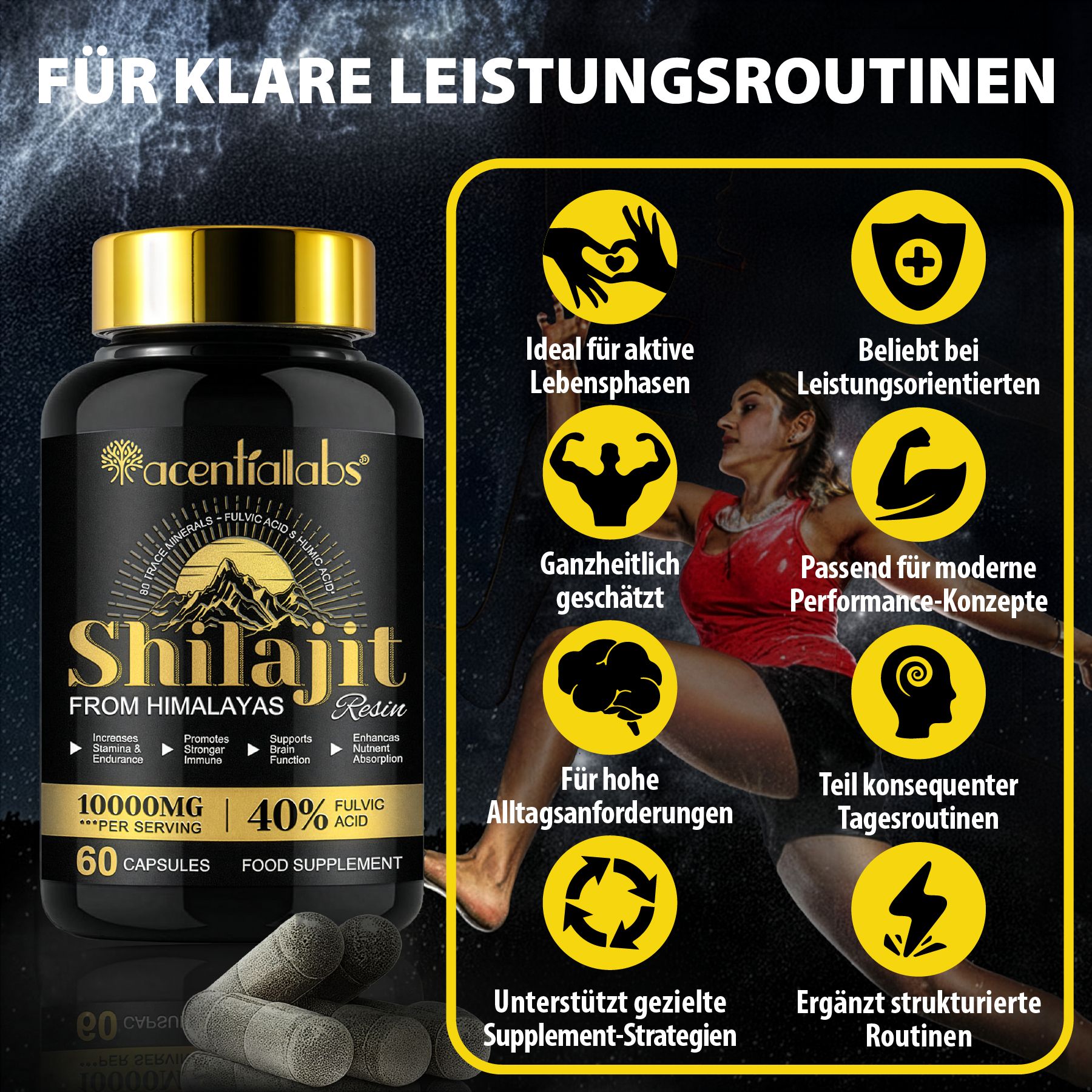 Schwarze Kapsel-Dose mit goldenem Deckel. Aufschrift: Shilajit, 10000mg, 60 Kapseln, 40% Fulvinsäure. Text und Icons über Leistung.