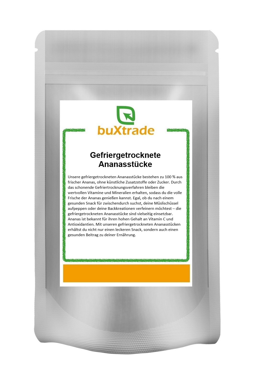 Beutel mit buXtrade Gefriergetrockneten Ananasstücken. Weißes Etikett mit Text und Logo. Grün umrandet.