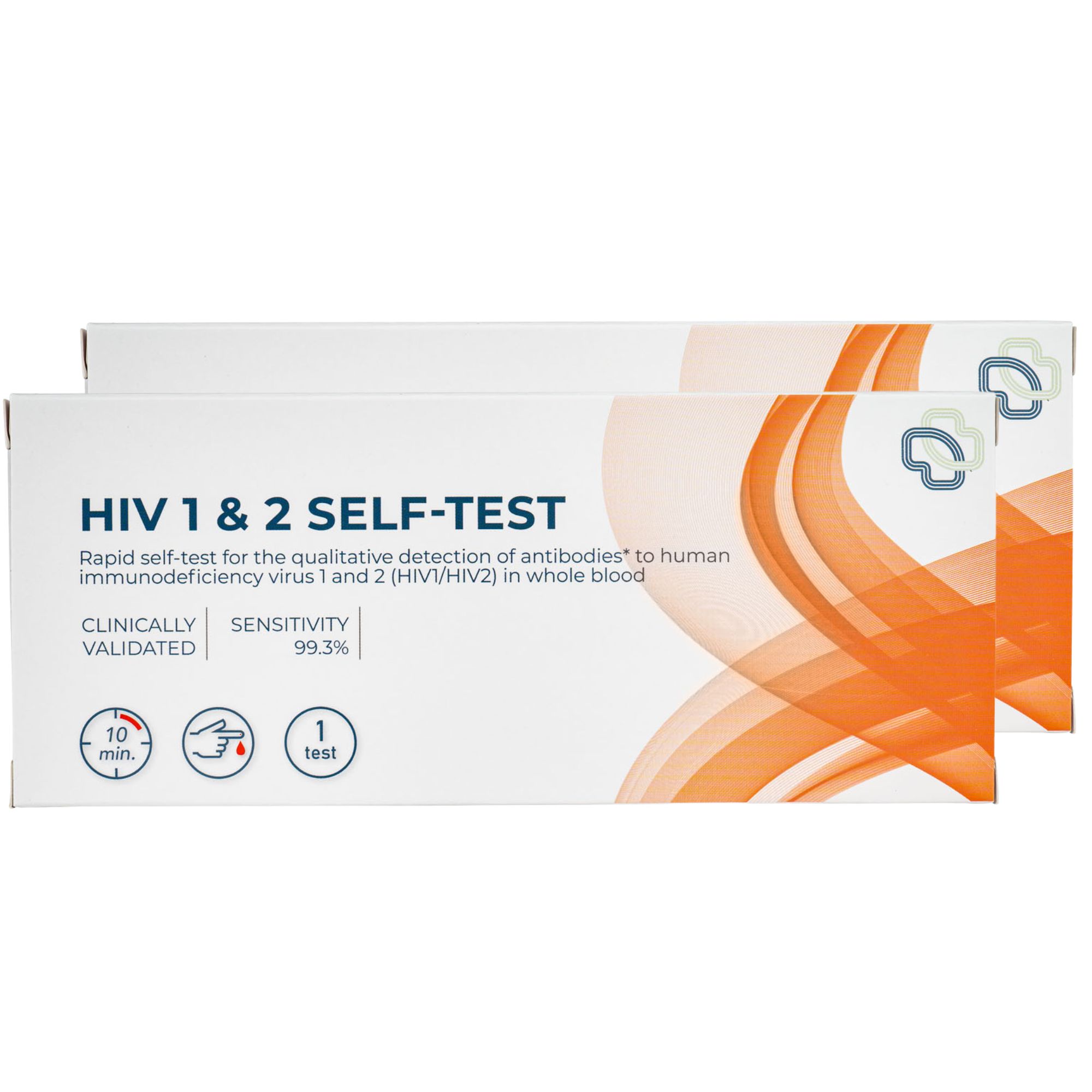 Zwei Packungen HIV-Selbsttest. Weiße Schachteln mit blauer und orangefarbener Grafik. Text: HIV 1 & 2 SELF-TEST, Klinisch validiert, Sensitivität 99,3%.