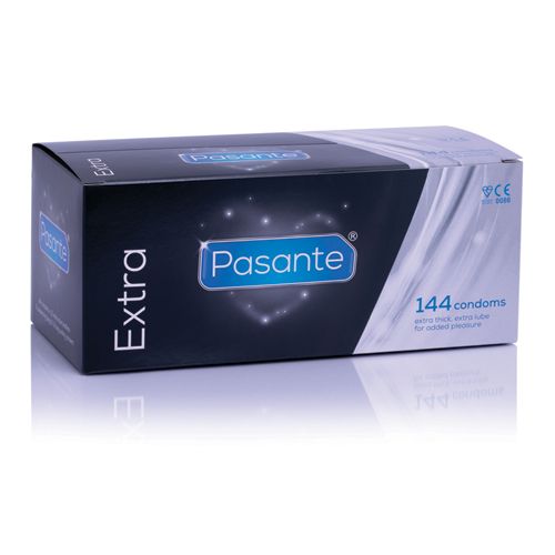 Schwarze Verpackung mit Produktnamen und 144 Kondomen. Extra dick, für zusätzlichen Komfort. CE-Kennzeichnung.