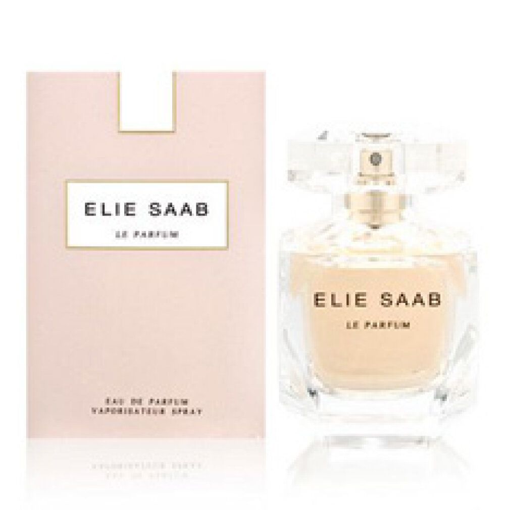 Parfümflakon und Verpackung. Aufschrift: ELIE SAAB LE PARFUM. Flakon mit facettiertem Deckel. Rechteckige Verpackung mit weißem Etikett.