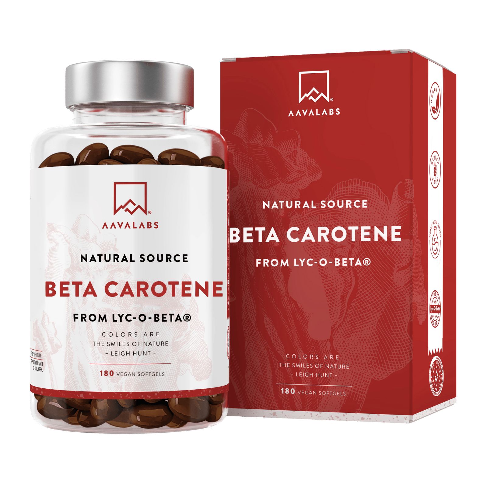 Produktverpackung mit Flasche. Aufschrift: AAVALABS, Beta Carotin, 180 vegane Softgels. Rote Verpackung.