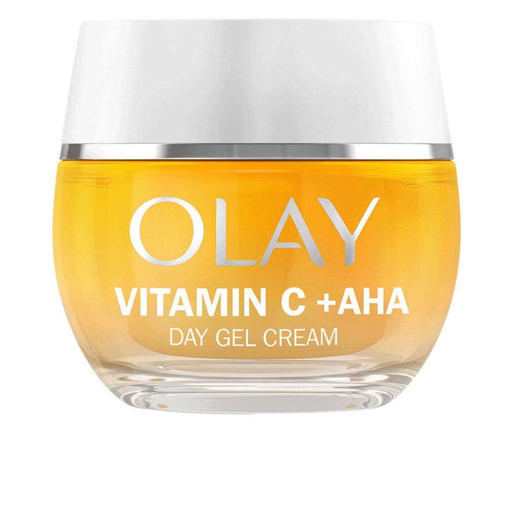 Olay Vitamin C + AHA Tages-Gel-Creme. Gelbes Glas mit weißem Deckel. Olay-Logo und Produktbezeichnung.