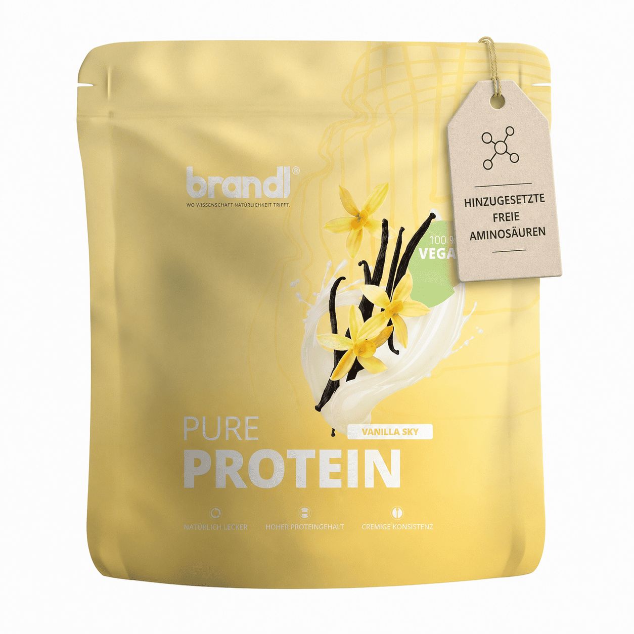 Gelbe Produktverpackung. Text: PURE PROTEIN. Vanille-Aroma. Anhänger mit Text: HINZUGEFÜGTE FREIE AMINOSÄUREN.