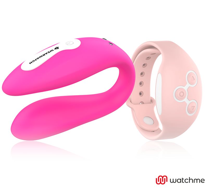 Rosa Vibrator mit Armband. Das Armband hat Knöpfe. Logo: watchme.