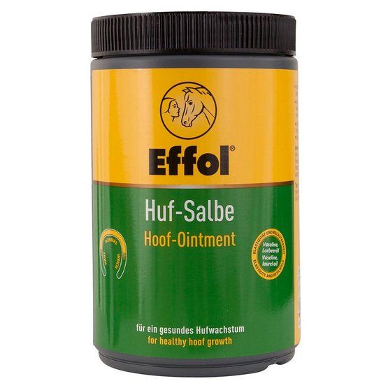 Zylindrische Dose mit schwarzem Deckel. Aufschrift: Effol Huf-Salbe, Hoof-Ointment. Gelber und grüner Hintergrund. Logo mit Pferd und Person.