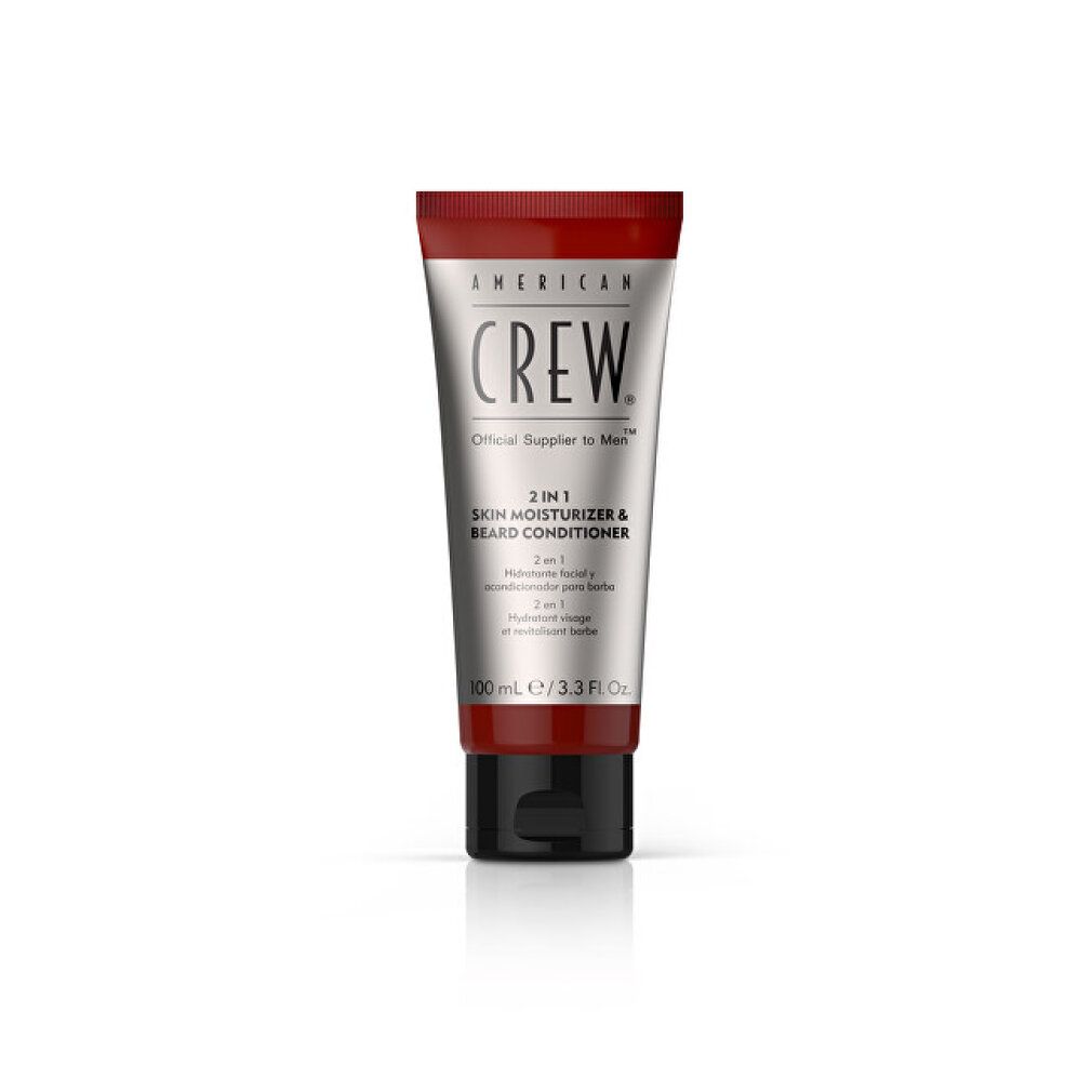 Tube mit Produkt. Silber, braun, schwarz. Aufschrift: AMERICAN CREW, 2-in-1 Skin Moisturizer & Beard Conditioner.