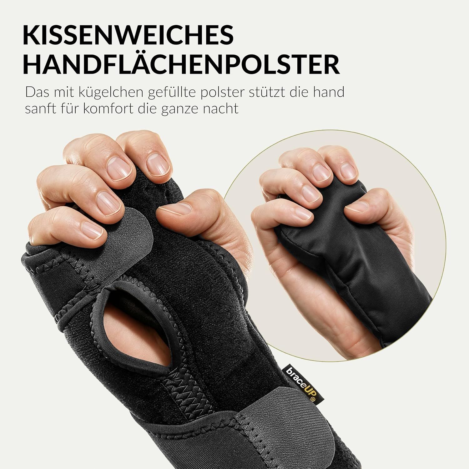 Handgelenkstütze mit weicher Polsterung für angenehmen Tragekomfort.