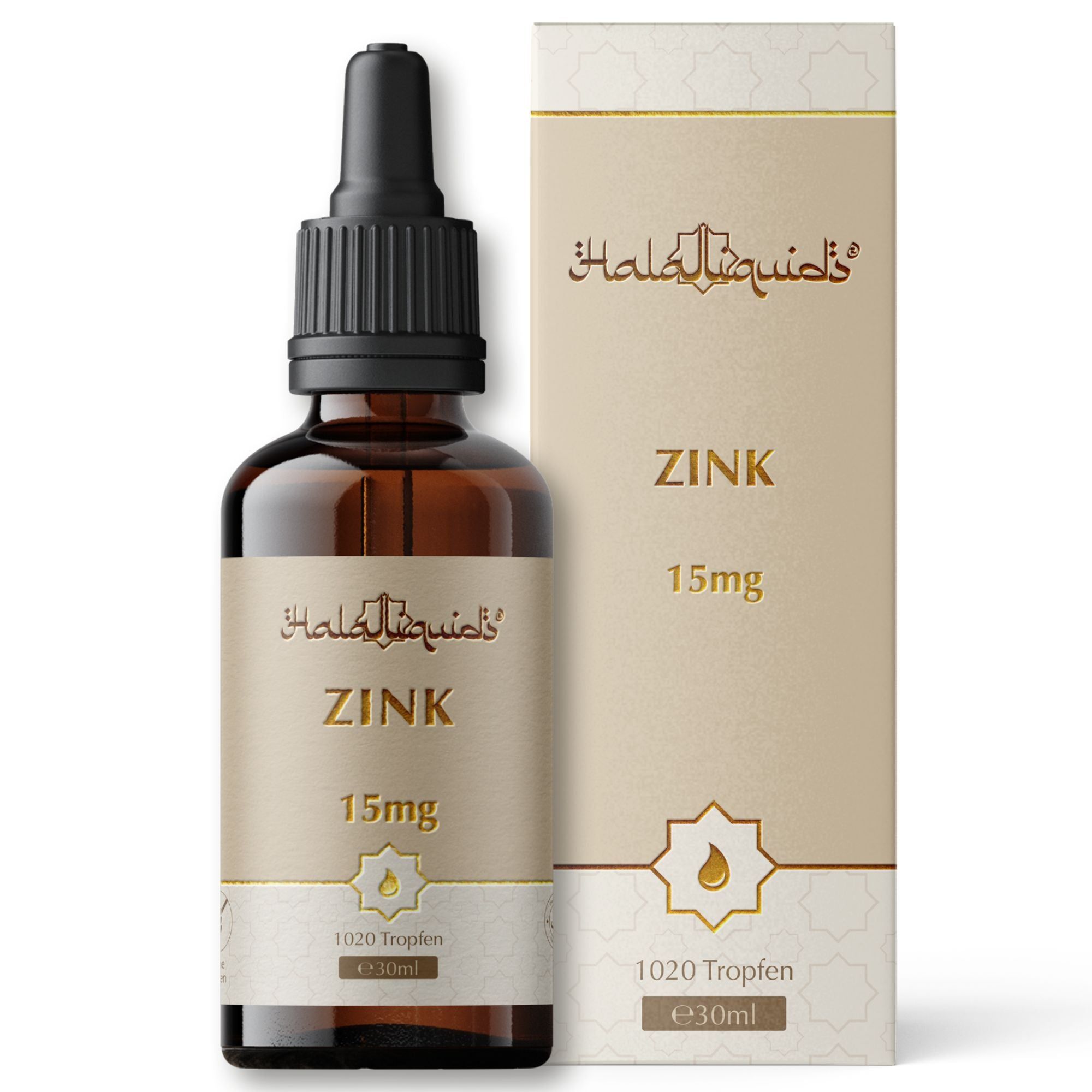 Zink Tropfen 15mg, 30ml. Braune Glasflasche mit Pipette und beigefarbene Faltschachtel.