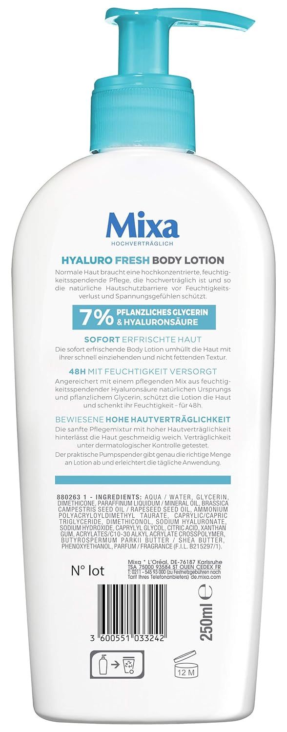 Rückseite der Mixa Hyaluro Fresh Body Lotion-Flasche. Text: 7% pflanzliches Glycerin & Hyaluronsäure, Inhaltsstoffe, 250ml.