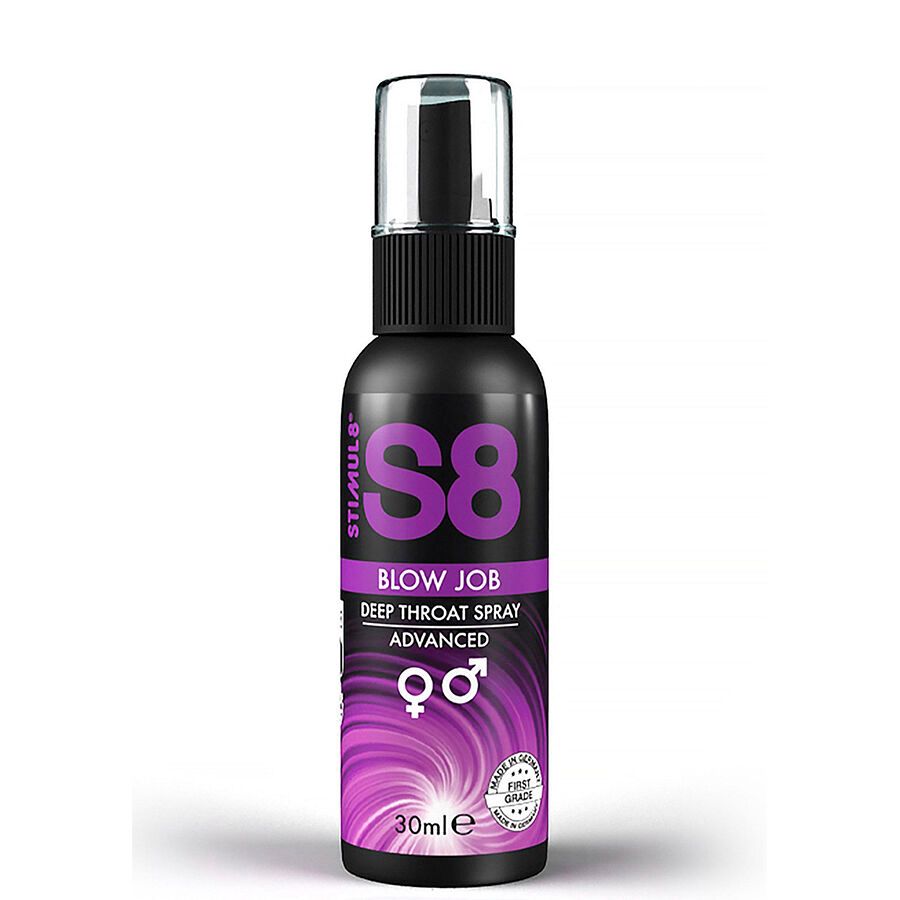 Schwarze Sprühflasche mit lila Etikett. Aufschrift: S8 BLOW JOB DEEP THROAT SPRAY ADVANCED. 30ml. Mit Qualitätszeichen.