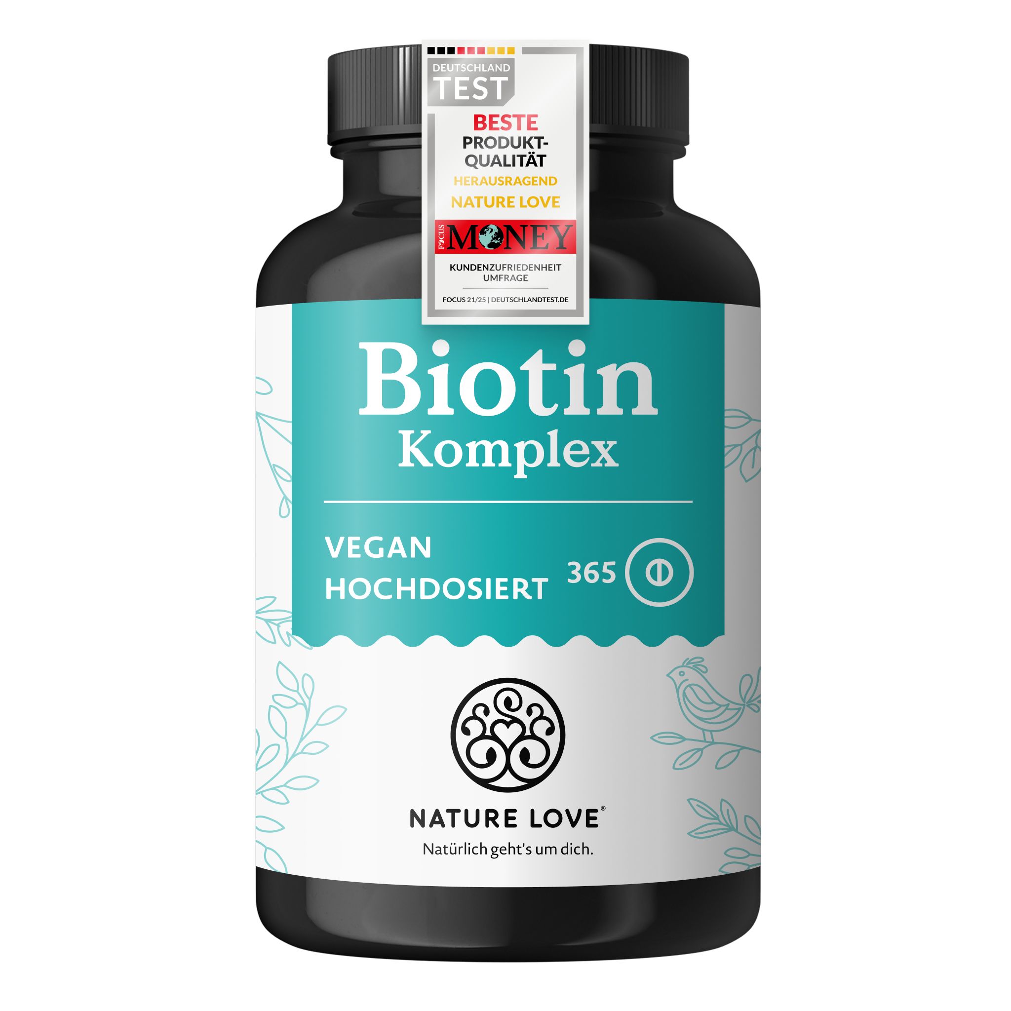 Flasche Biotin Komplex mit detailliertem Etikett, Nährwertangaben und Siegeln.