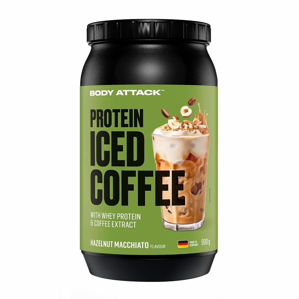 Body Attack Protein Iced Coffee, Hazelnut Macchiato Geschmack. 900g Dose mit Whey Protein und Kaffeeextrakt.