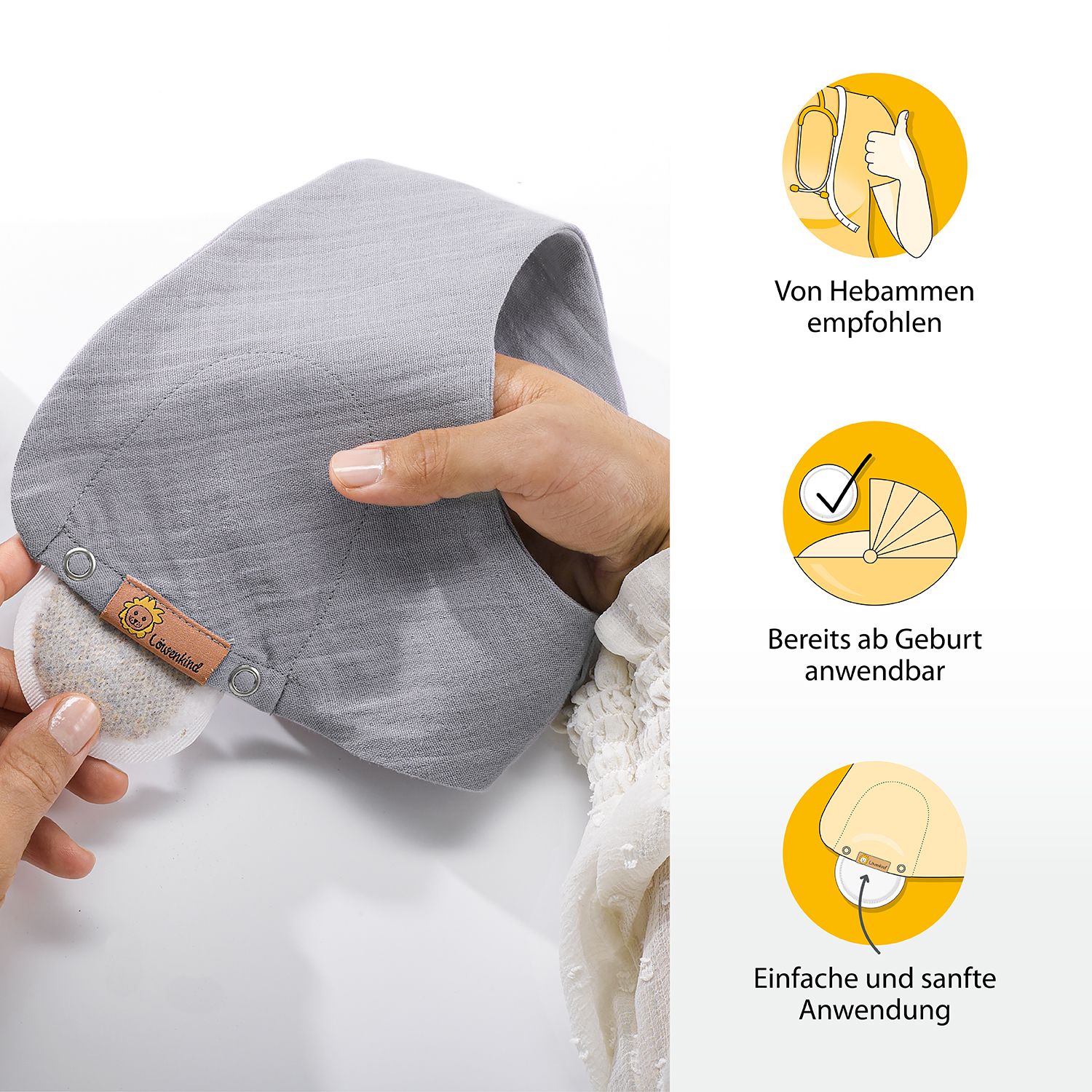 Person hält graues Halstuch mit Kräuterpad. Logo: Löwenkind. Text: Von Hebammen empfohlen, ab Geburt anwendbar, einfache Anwendung.