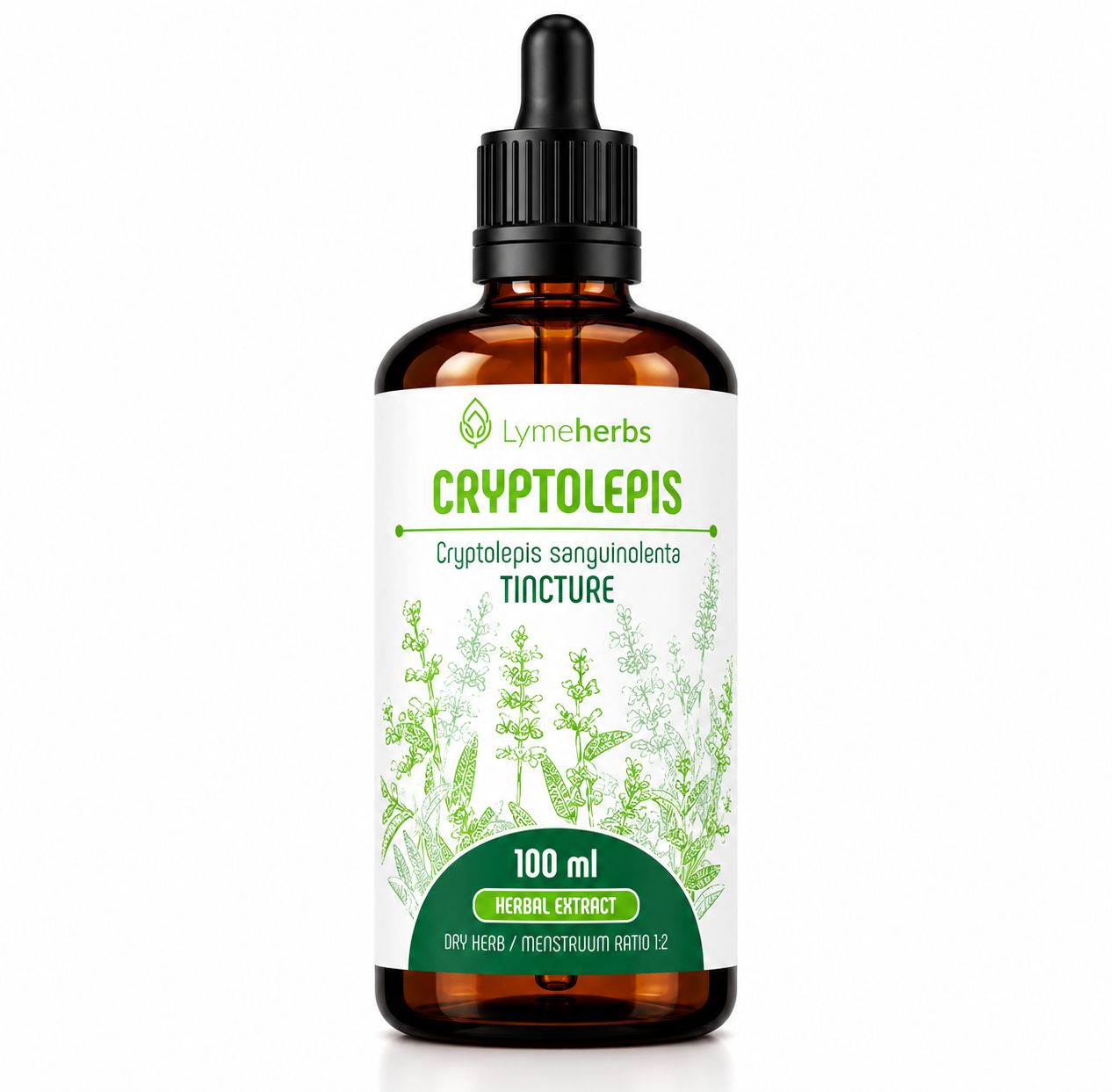 Braune Glasflasche mit Tropfer, Etikett mit grünen Pflanzenmotiven und Text "Cryptolepis Tincture".