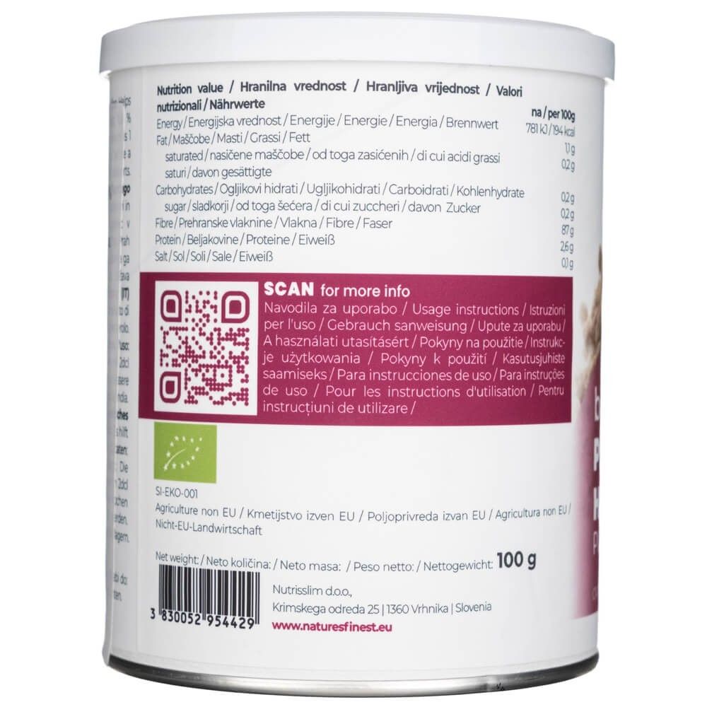 Nature's Finest Flohsamenschalen Pulver Bio: Rückseite der Dose mit Nährwertangaben und Barcode, 100g.