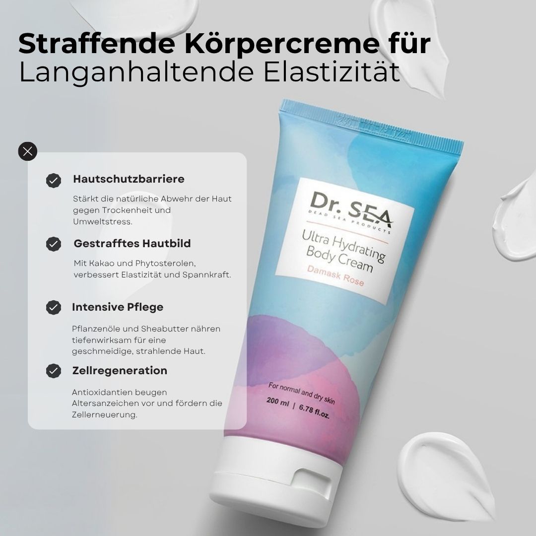 Creme-Tube mit Text und Diagramm. Aufschrift: Ultra Hydrating Body Cream, Damask Rose. Marke: Dr. SEA.