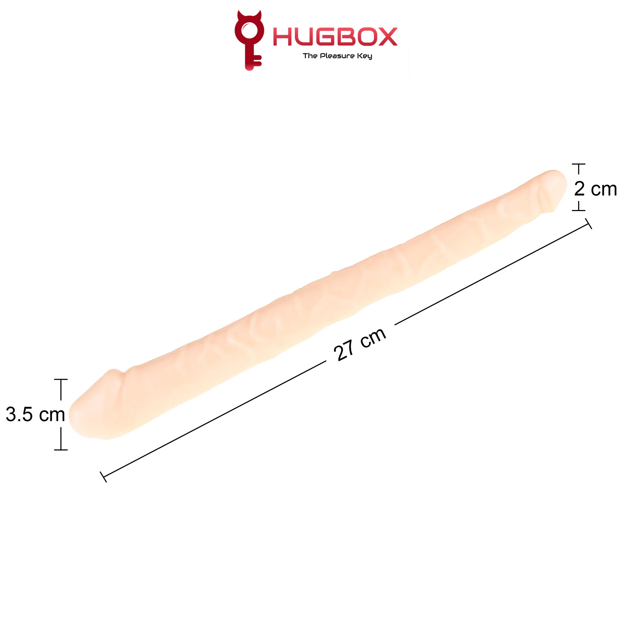 Beigefarbener Sextoy, länglich, mit Messangaben: 27 cm lang, 3,5 cm und 2 cm breit. HUGBOX-Logo.