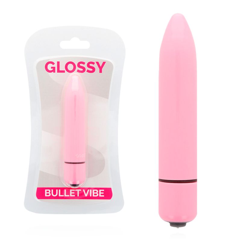 Rosa Minivibrator neben Verpackung. Verpackung mit 'GLOSSY' und 'BULLET VIBE' Schriftzug. Produkt mit glatter Oberfläche.