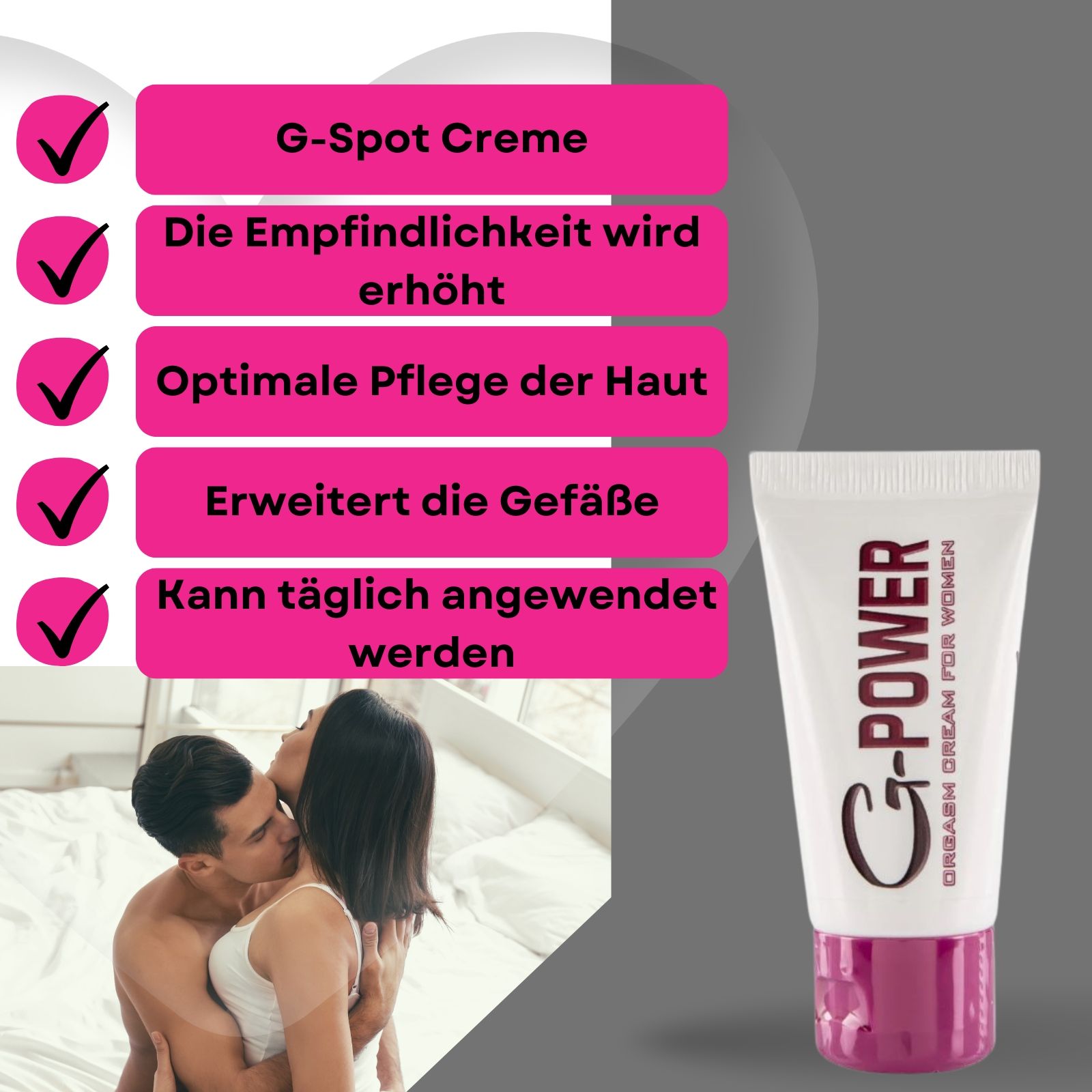 G-POWER Creme-Tube. Text: Orgasmuscreme für die Frau. Rosa und weiße Farbgebung. Paar im Hintergrund.