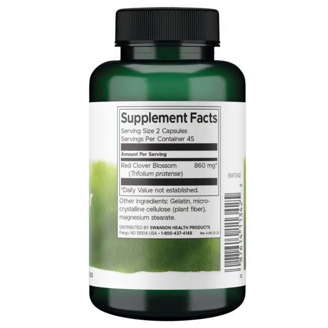 Rückseite der grünen Flasche. Aufschrift: Supplement Facts, Red Clover Blossom, 860 mg, Zutaten, 45 Portionen.