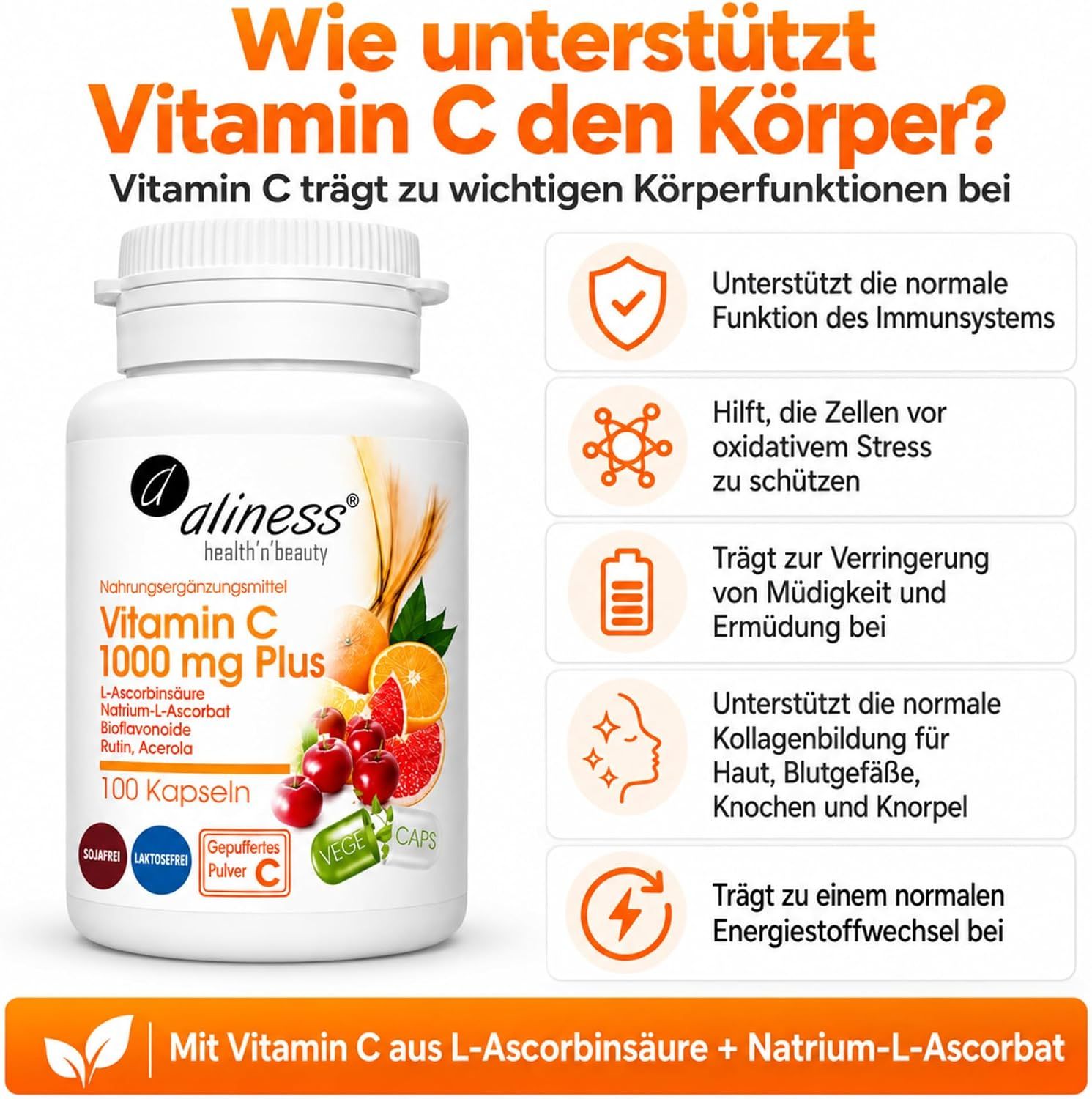 Aliness Vitamin C 1000 mg Plus Kapseln, 100 Stück, mit Früchten.