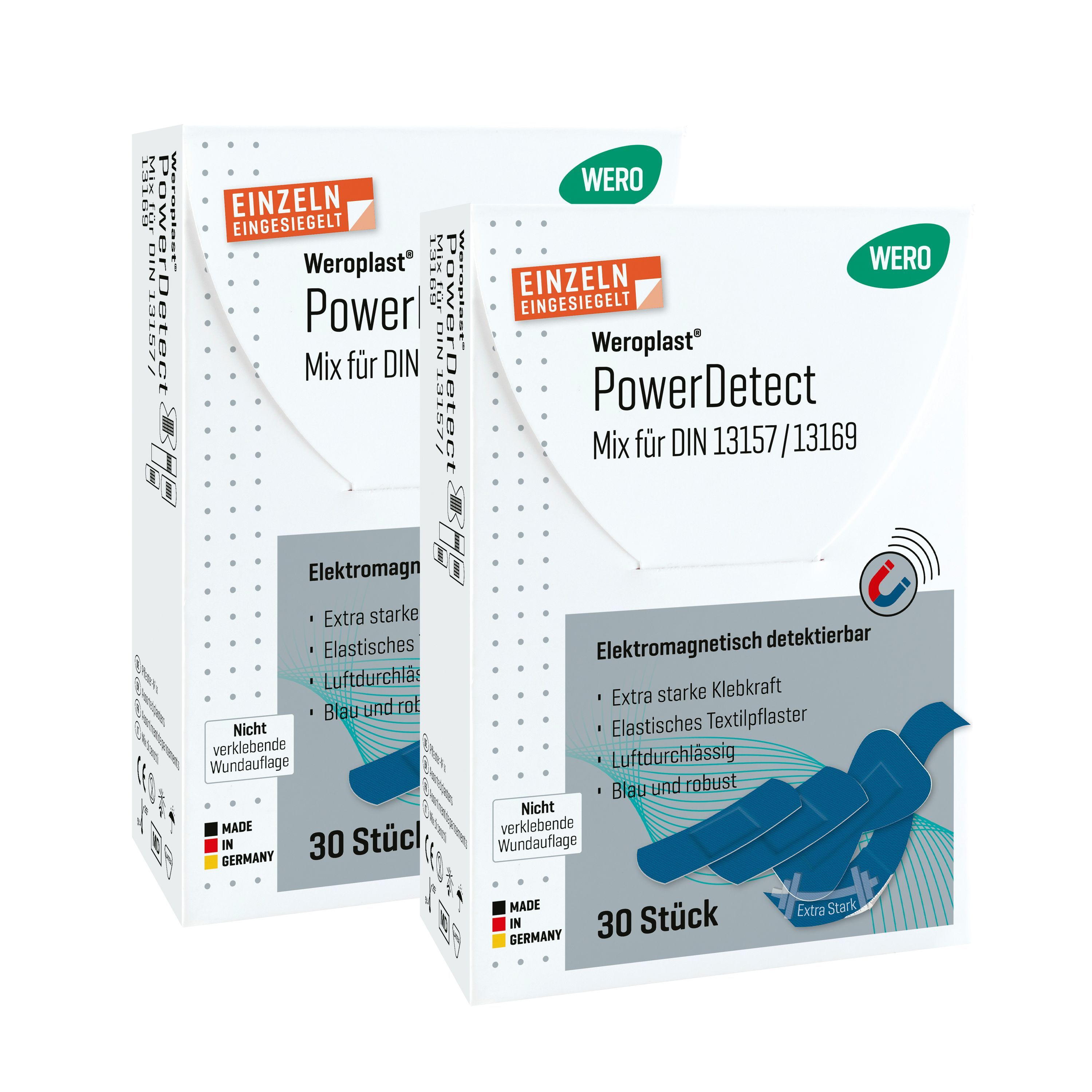 Zwei Packungen WERO Weroplast PowerDetect Pflaster Mix. Weiße Schachteln mit Produktinformationen und dem WERO-Logo.