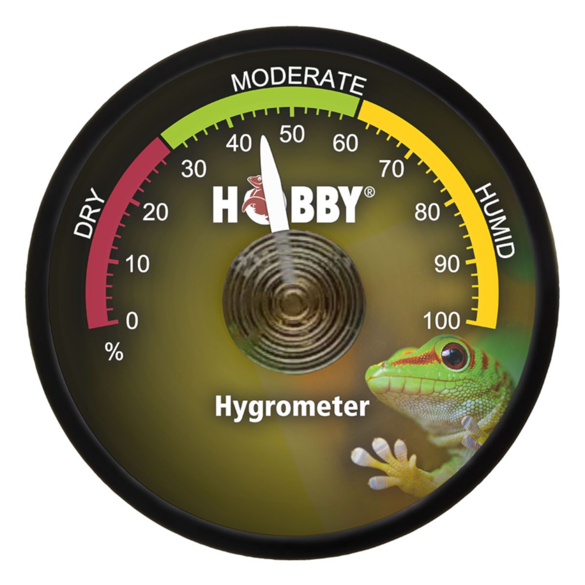 Rundes Hygrometer, schwarz. Skala in %, mit Zeiger. Marke Hobby. Gecko-Motiv.