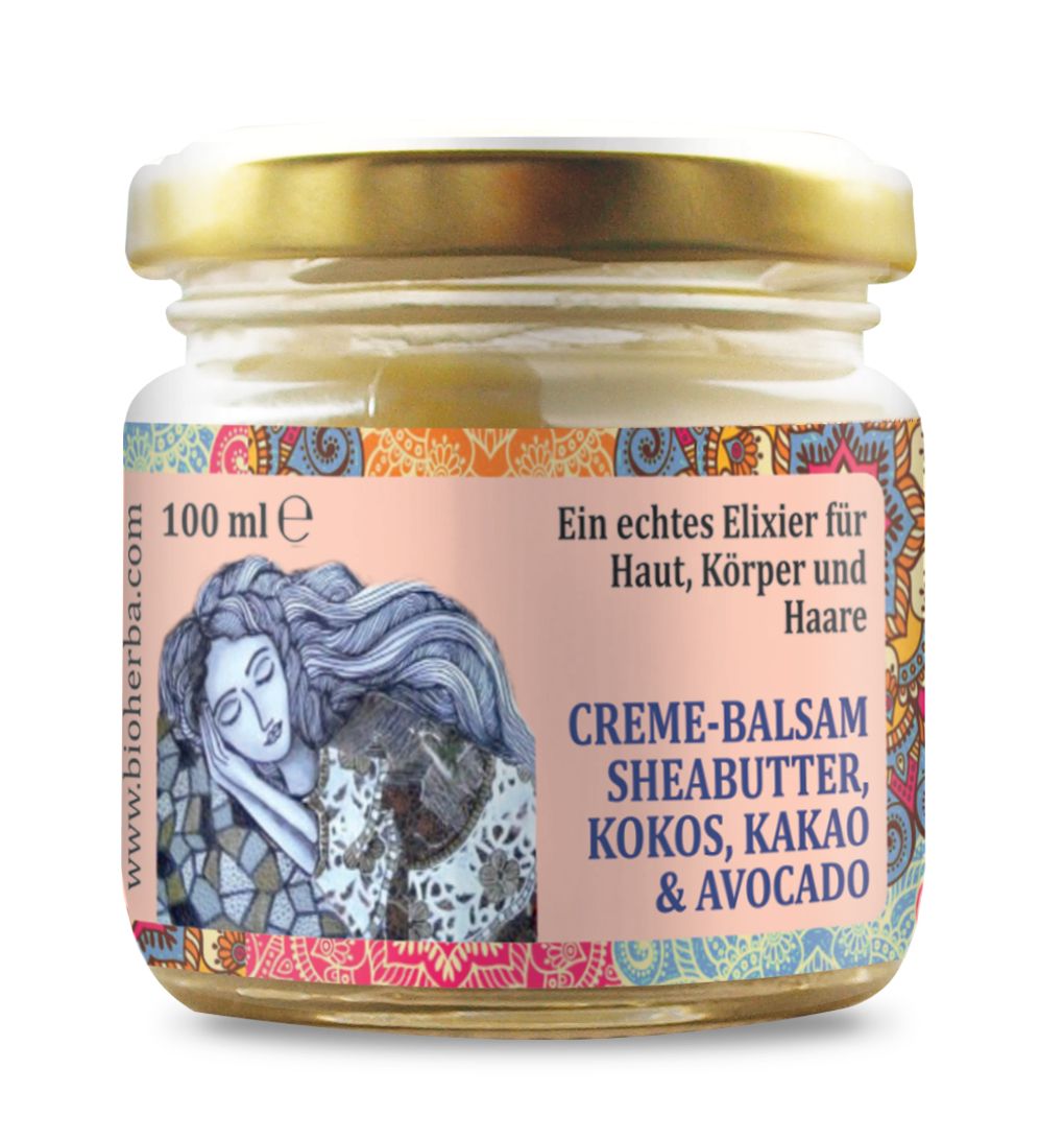 Etikett mit Text und Illustration. Text: Creme-Balsam, Sheabutter, Kokos, Kakao & Avocado. Logo: Radika Natural Cosmetics.