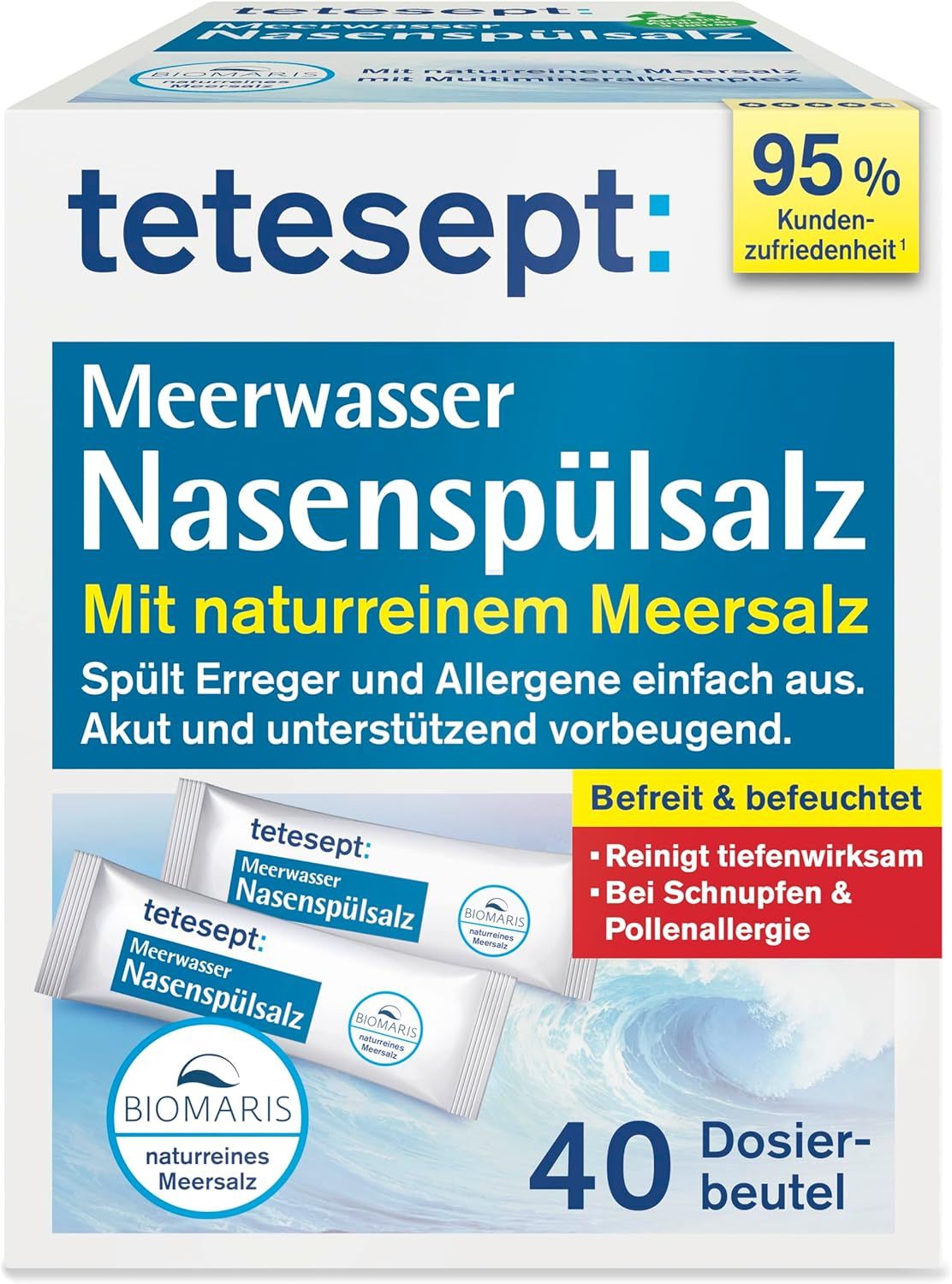 Verpackung tetesept Meerwasser Nasenspülsalz. Enthält 40 Beutel. Text: Mit naturreinem Meersalz. Befreit & befeuchtet. 95% Kundenzufriedenheit.